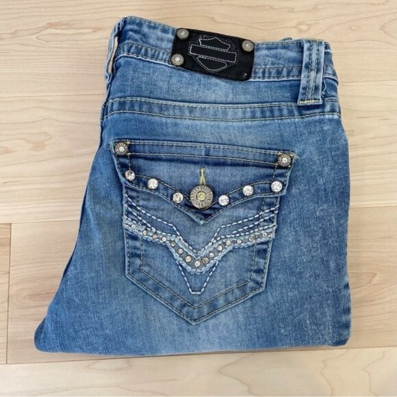 Harley Davidson jeans low rise straight leg stretch denim crystal light blue 8 - Picture 3 of 11